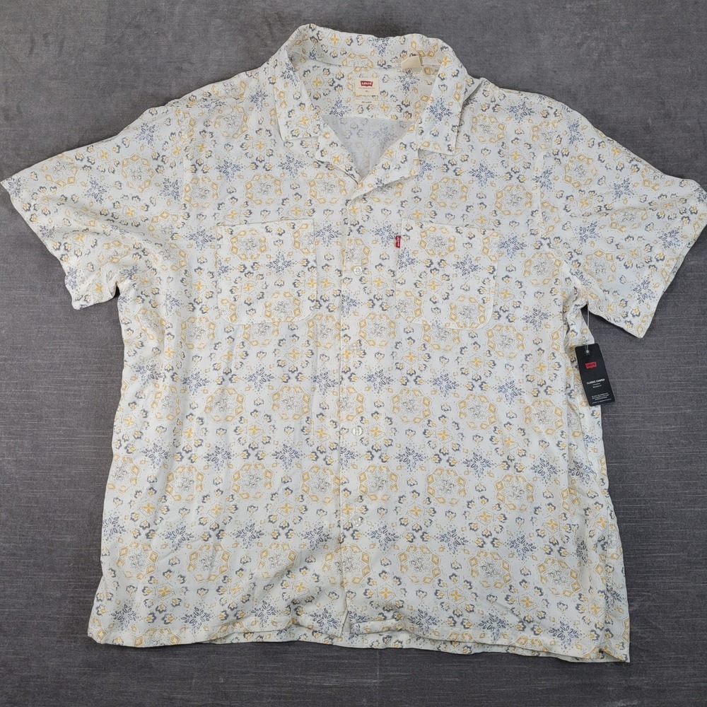 Levis Classic Camper Shirt Mens XL Relaxed Fit White Blue Yellow Geometric New - Picture 1 of 8